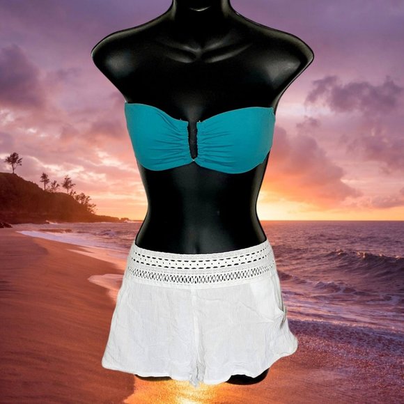VS Teal Bandeau Top & White Gauze Cover-up Shorts Bundle - Picture 1 of 8